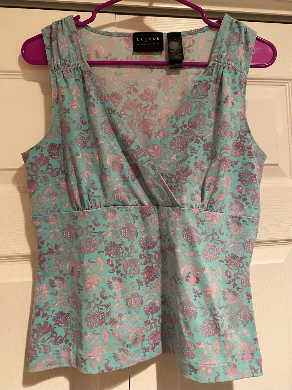 Axcess Teal and Pink Floral Wrap-Front Sleeveless Top - M